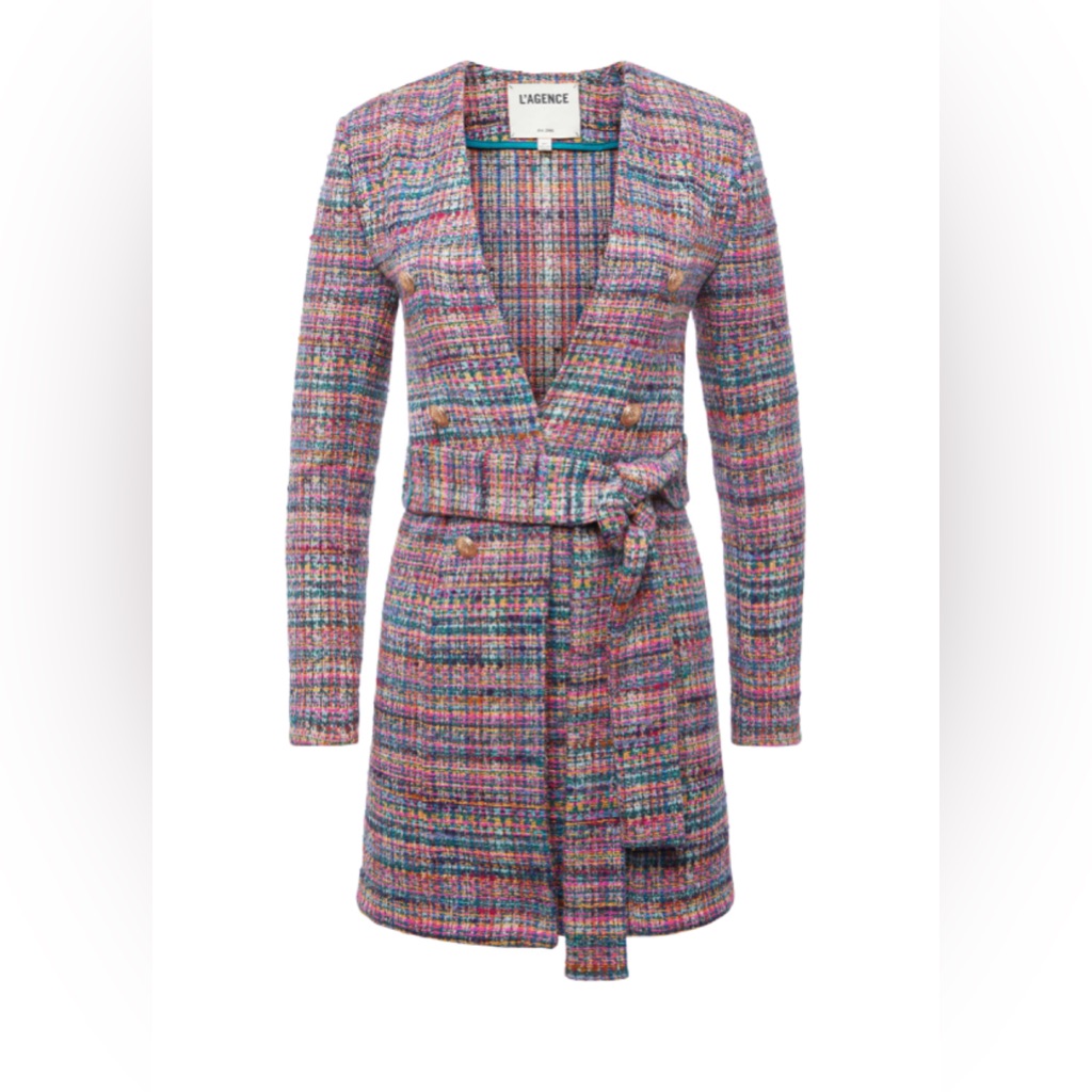L’agence Multicolor Tweed Long Belted Jacket